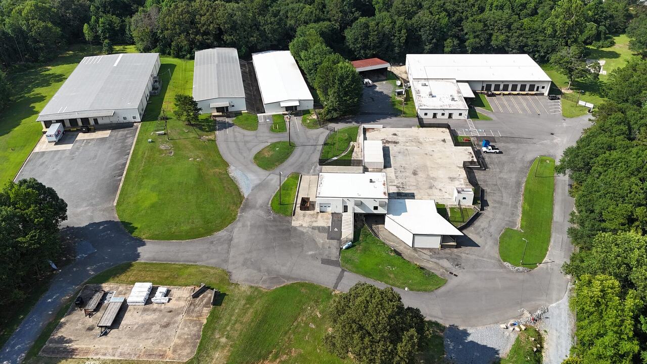 Dramatic aerial marketing view of the Interchange Drive commercial campus